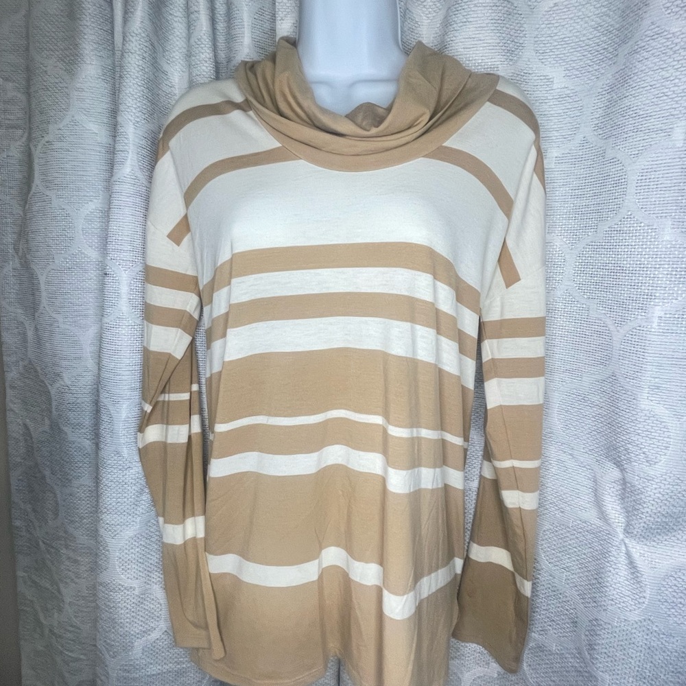 Chico’s 0 Small Tan White Striped Long Sleeve Cowl Neck Top Pullover